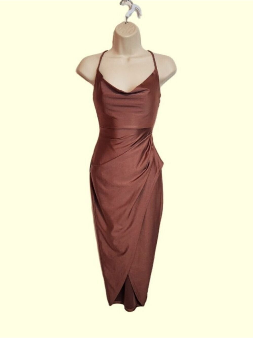 Windsor Brown Satin Spaghetti Strap Asymmetrical Split Party Midi Dress X-Small